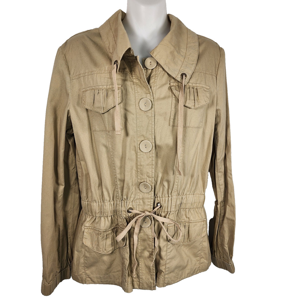 Caribbean Joe Women Safari Jacket Khaki Cotton Utility Button Tie Waist Pocket S
